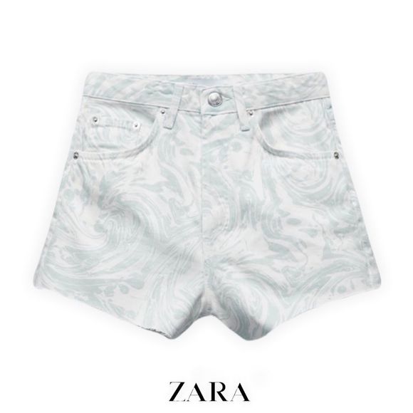 ZARA Women | Blue | Hi Rise Printed Shorts - Picture 1 of 6